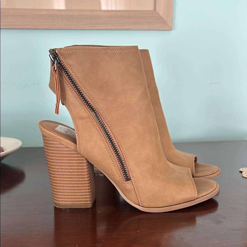 Tan Peep-Toe Ankle Boots with Zipper